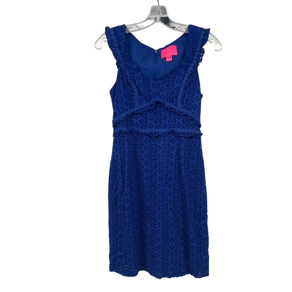 Lilly Pulizter Eyelet Lace Sheath Dress Sleeveless Blue Purple Size 00 Zip